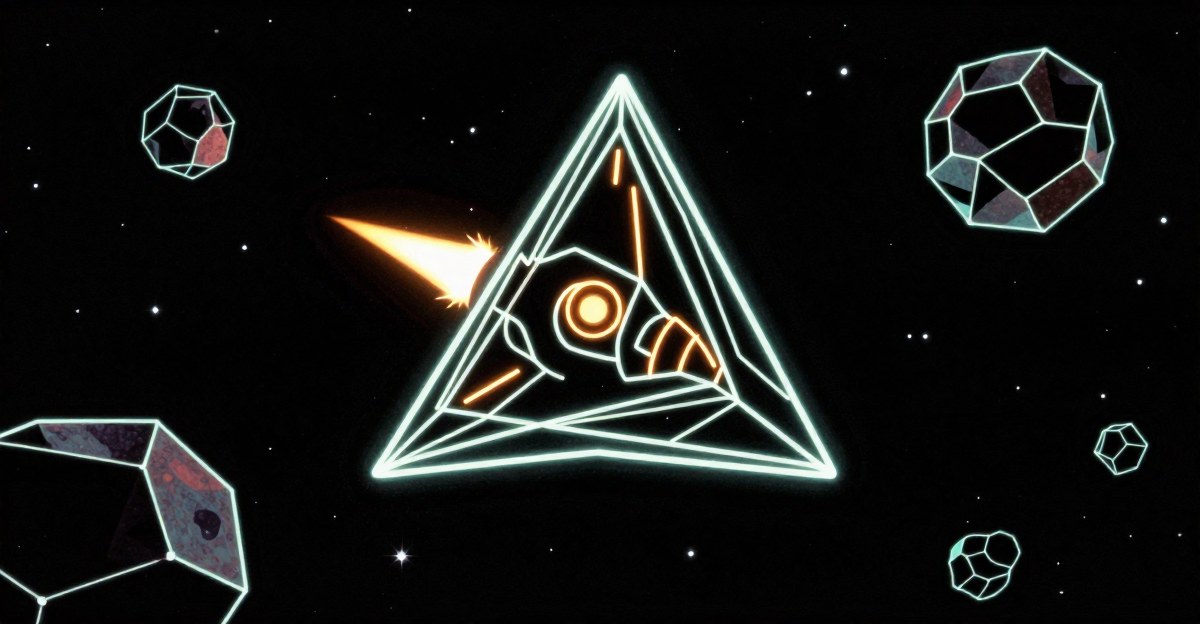Juego Asteroids retro con nave vectorial blanca disparando a asteroides sobre fondo espacial oscuro